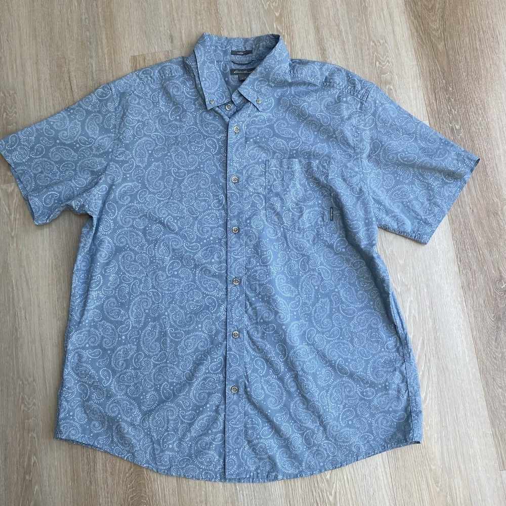 Eddie Bauer Men's Blue Paisley Classic Fit Short Sleeve Button-down Shirt Sz XL